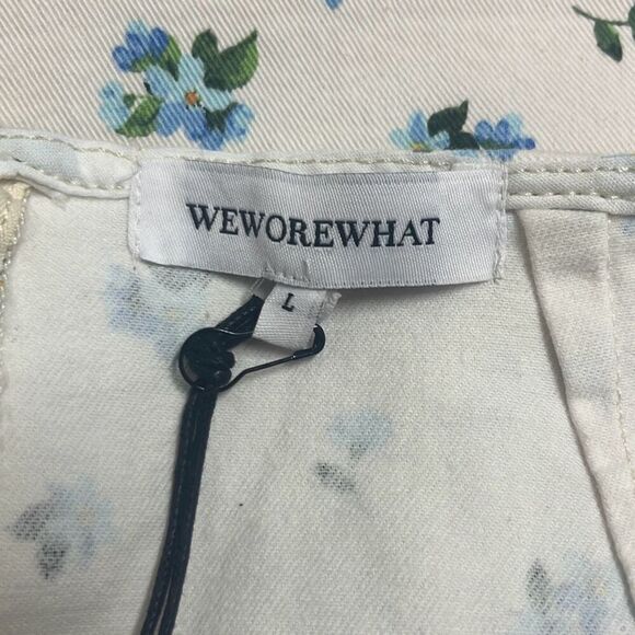 Revolve Weworewhat Ivory Blue Floral Cut Out Belted Mini Denim Skirt Large NWT - Picture 7 of 15